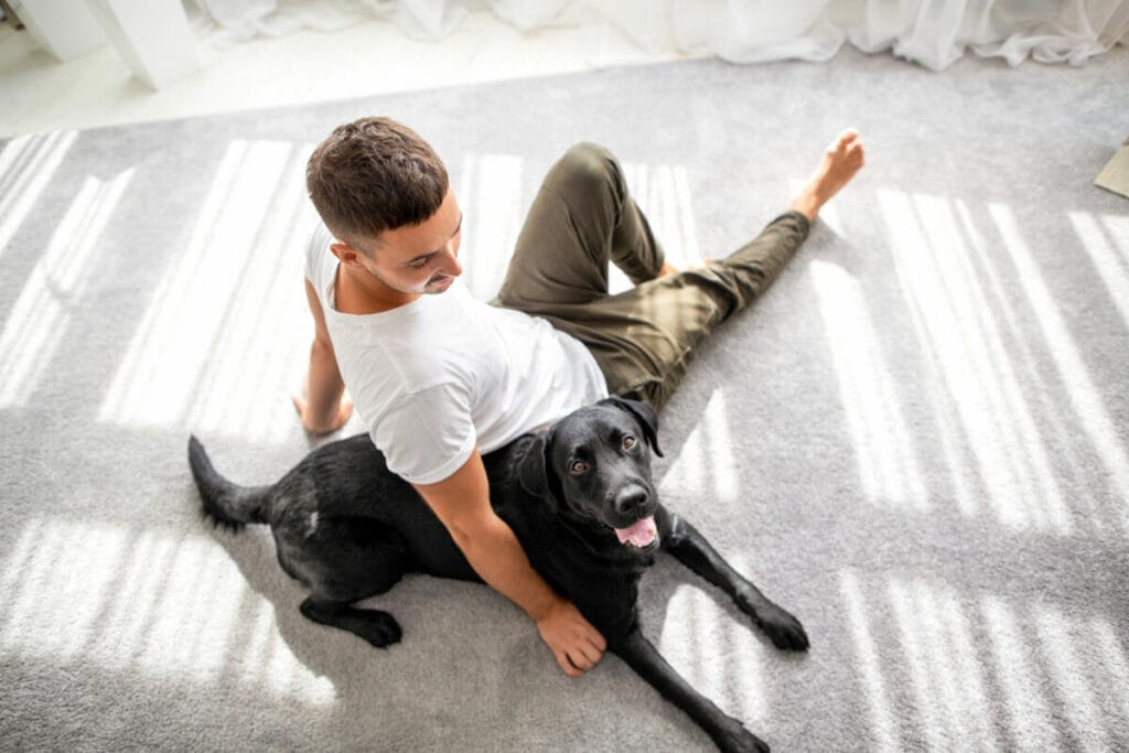 Man sitting with happy black dog on carpet.