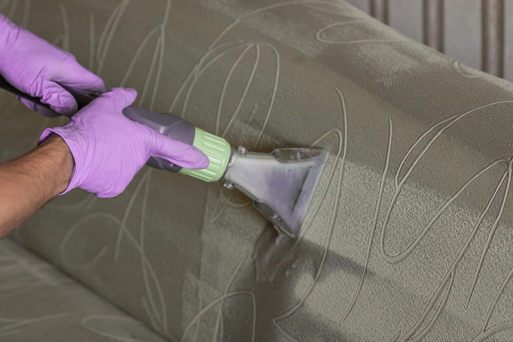Person cleaning couch with vacuum and purple gloves.