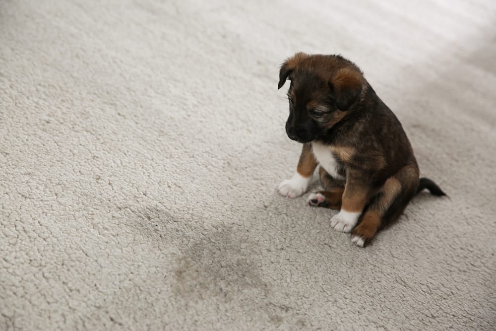 Puppy sits on carpet next to stain.