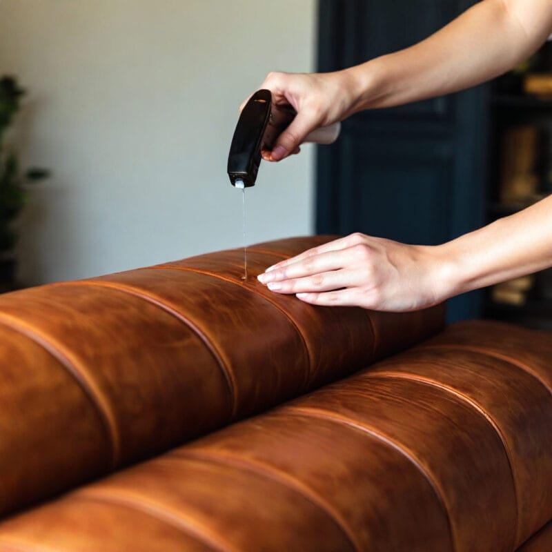 Applying leather conditioner to brown sofa